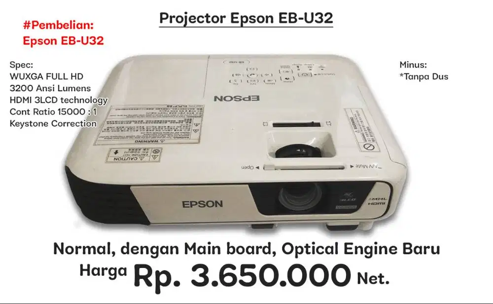 Projector Epson EB-U32 WUXGA/FULL HD 3200 Ansi Lumens HDMI 3LCD teknol