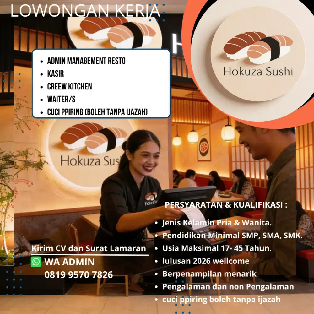 Loker KOKI/ Asisten Koki dan Staff Restaurant