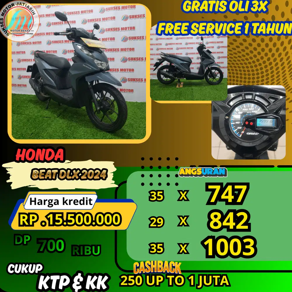 HONDA BEAT DLX 2024 DP & ANGSURAN TERMURAH SYRT KTP&KK(SUKSESMOTOR)