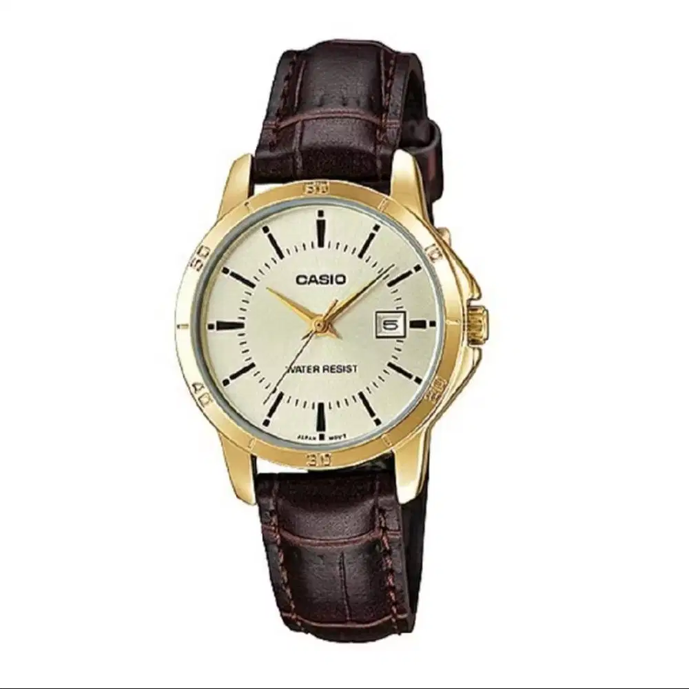 Jam Tangan Wanita Casio LTP-V004GL Gold Dial Brown Leather Band