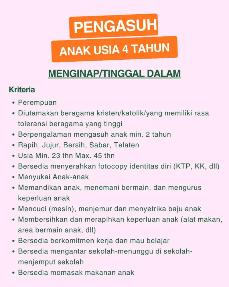DIBUTUHKAN PENGASUH ANAK Menginap