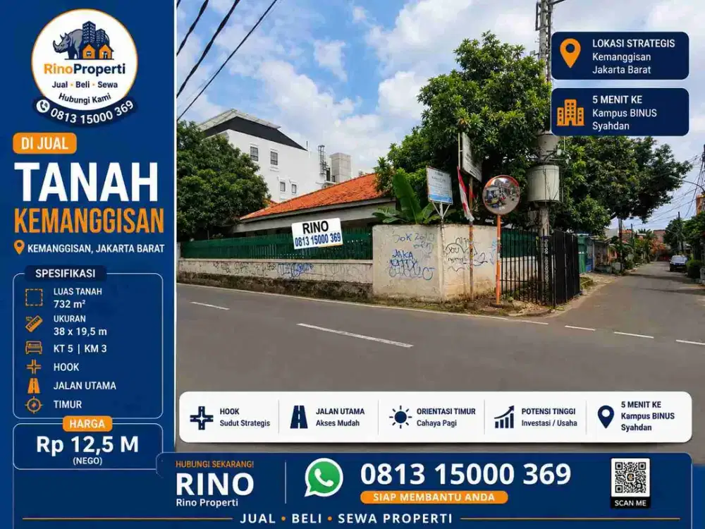Rumah lama hitung tanah lebar 38 tepi jalan utama dekat binus syahdan jakarta barat
