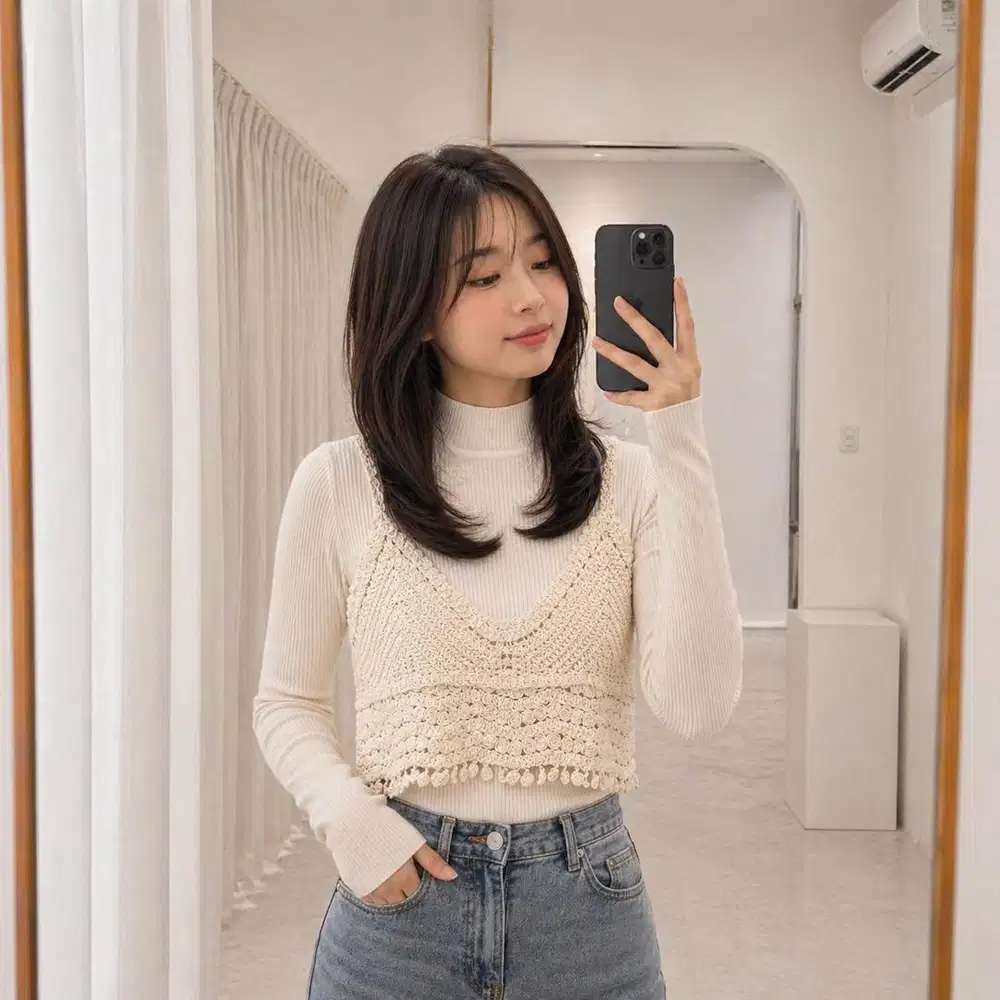 One Set - Long Sleeves Knit with Crochet Vest | Atasan Wanita