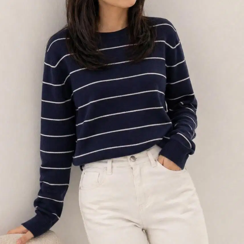 Knitwear Wanita Strip Navy | Baju Strip Wanita Lengan Panjang