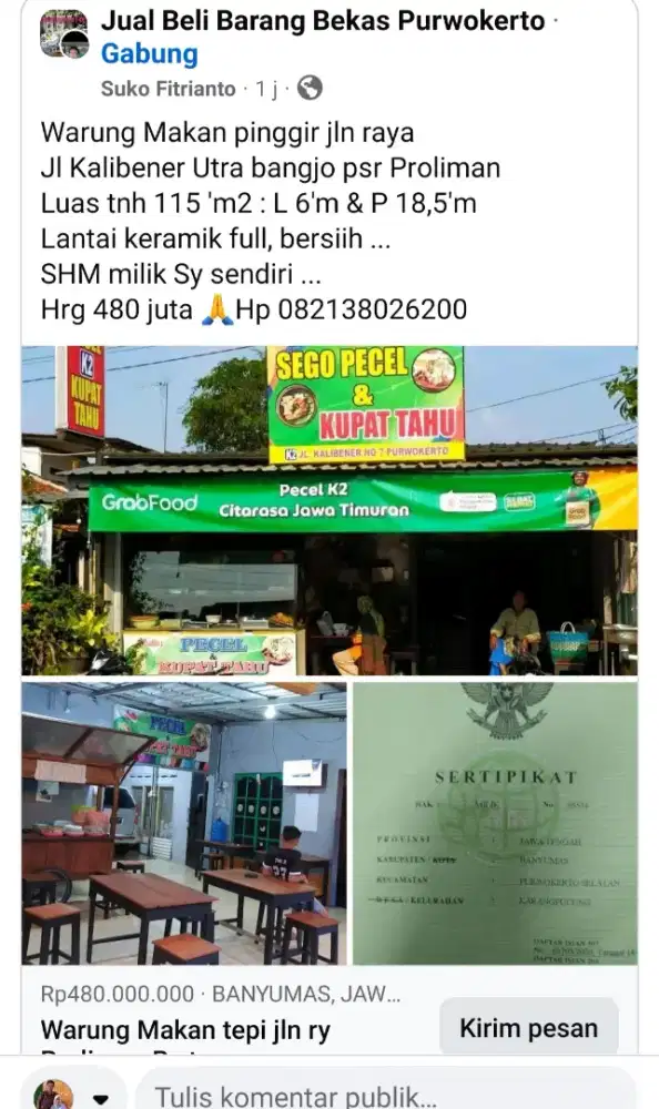 Warung Makan pinggir jln ry Kalibener Pwt kota