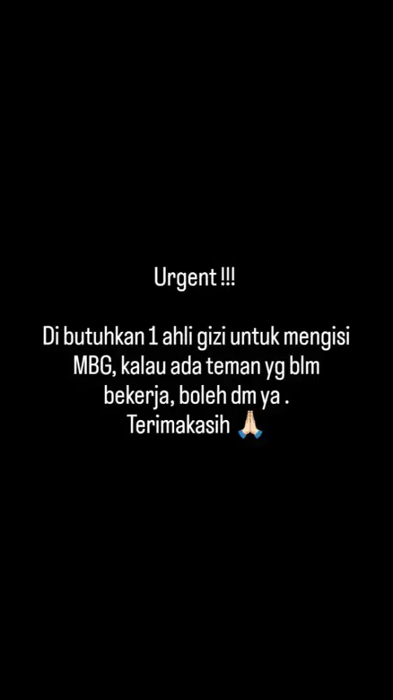 Urgent !! Di butuhkan Ahli gizi untuk mengisi MBG