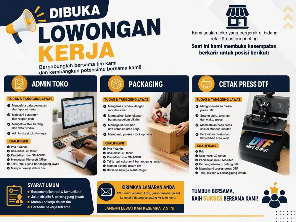 Dibutuhkan Karyawan Admin, Packaging & DTF – Gaji 100rb/H
