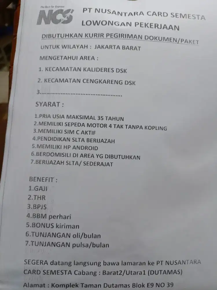 DIBUTUHKAN KURIR MOTOR