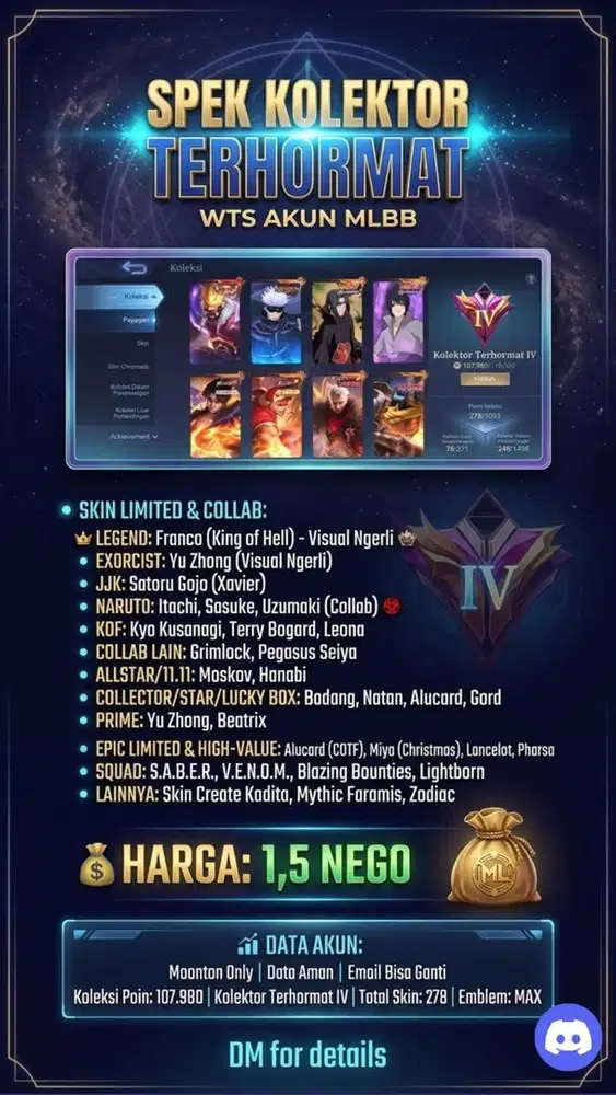 WTS: AKUN Mobile Legend / ML / MLBB HIGH SPEC - KOLEKTOR TERHORMAT IV