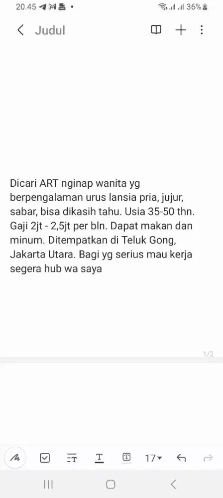 Dicari ART wanita yg berpengalaman urus lansia pria
