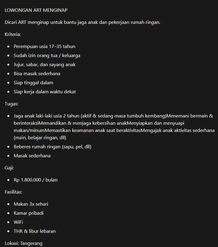 ART Menginap Tangerang