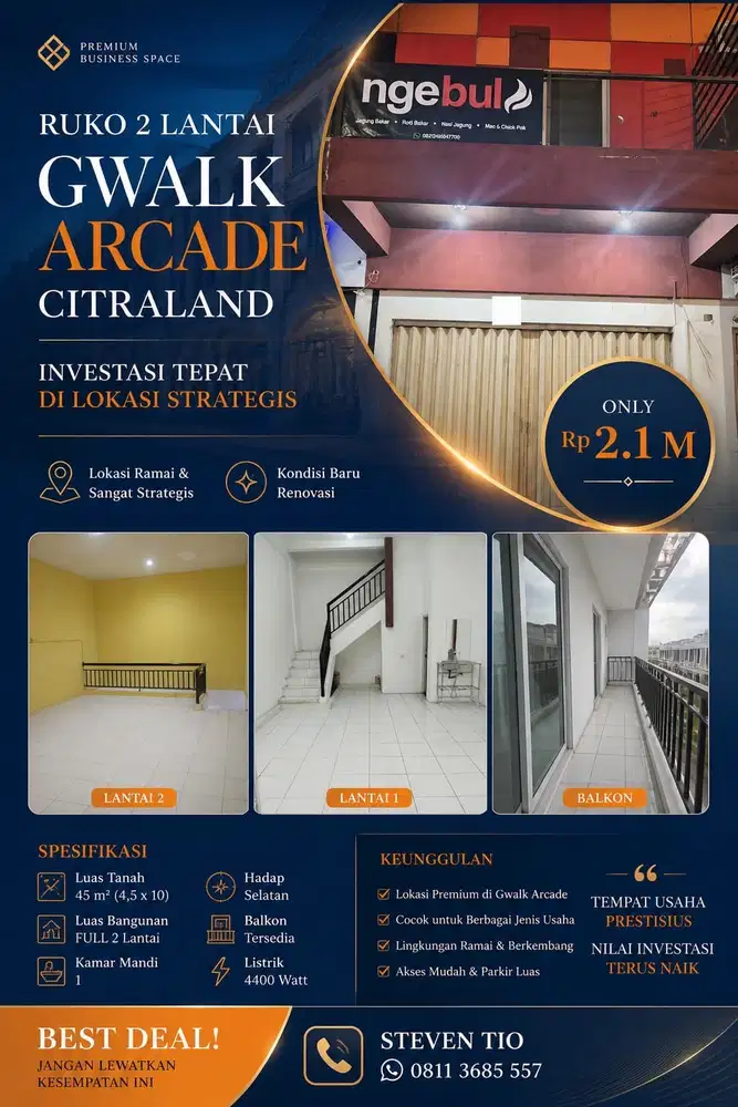 DIJUAL TERMURAH RUKO 2 LANTAI GWALK ARCADE CITRALAND! LOKASI CIAMIK!