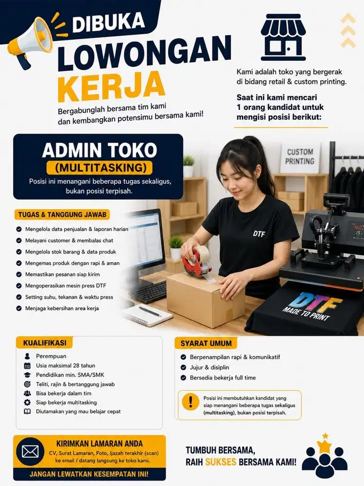 Dibutuhkan Karyawan Admin, Packaging & DTF – Gaji 100rb/H