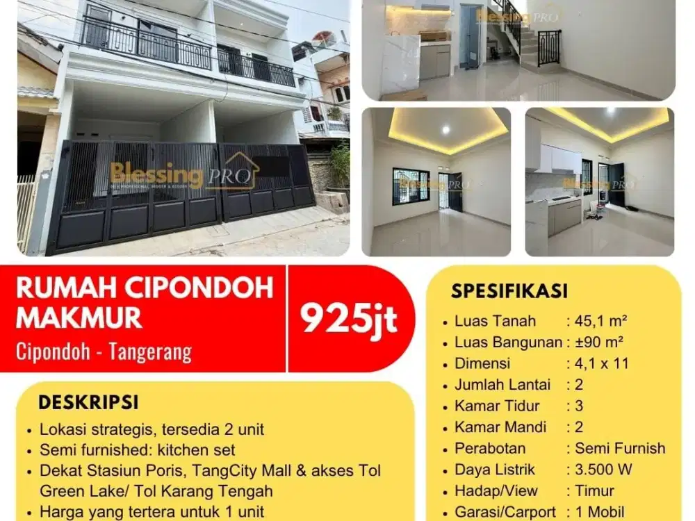 Dijual Rumah 2 Lantai Modern Minimalis, Siap Huni di Cipondoh Makmur Poris.