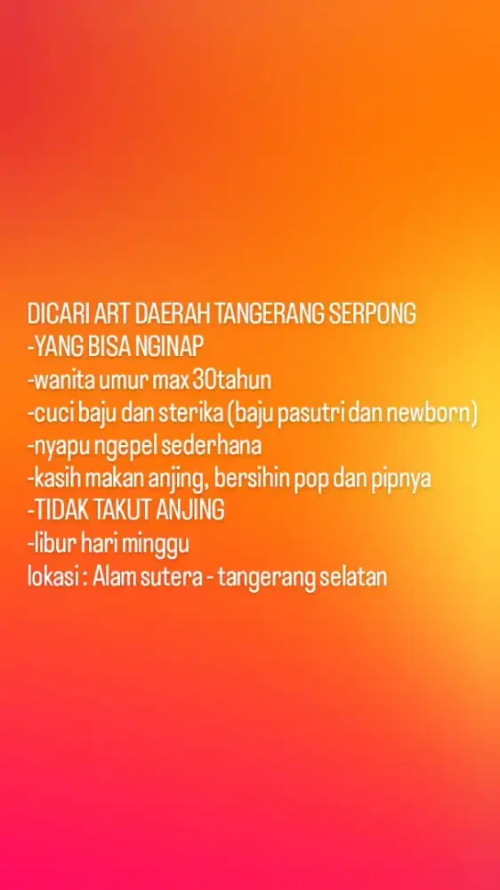 LOWONGAN KERJA ASISTEN RUMAH TANGGA ART