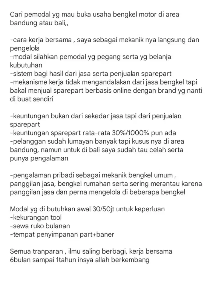 Cari pemodal untuk membuka bengkel motor