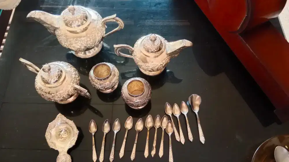 Jual set minum teko tembaga berlapis perak antik
