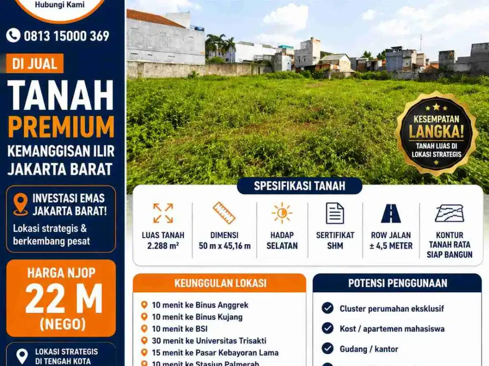 Harga njop! Masih nego! Tanah strategis lebar 50x46 kemanggisan jakarta barat