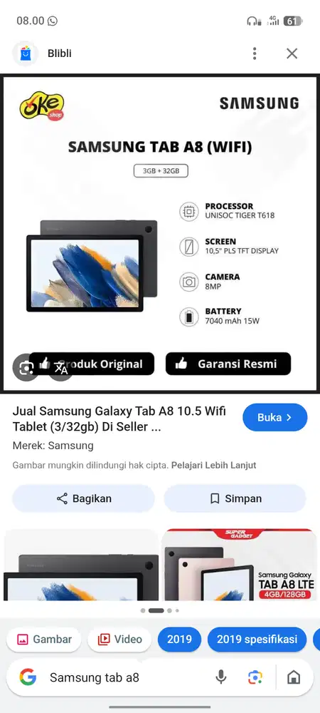 Jual Samsung tab a8 wifi only