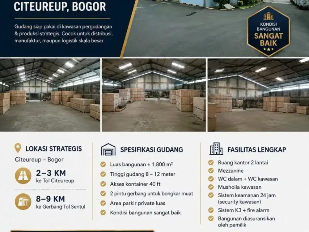 DISEWAKAN CEPAT GUDANG LOGISTIK 1.800M2 AKSES KONTAINER 40FT