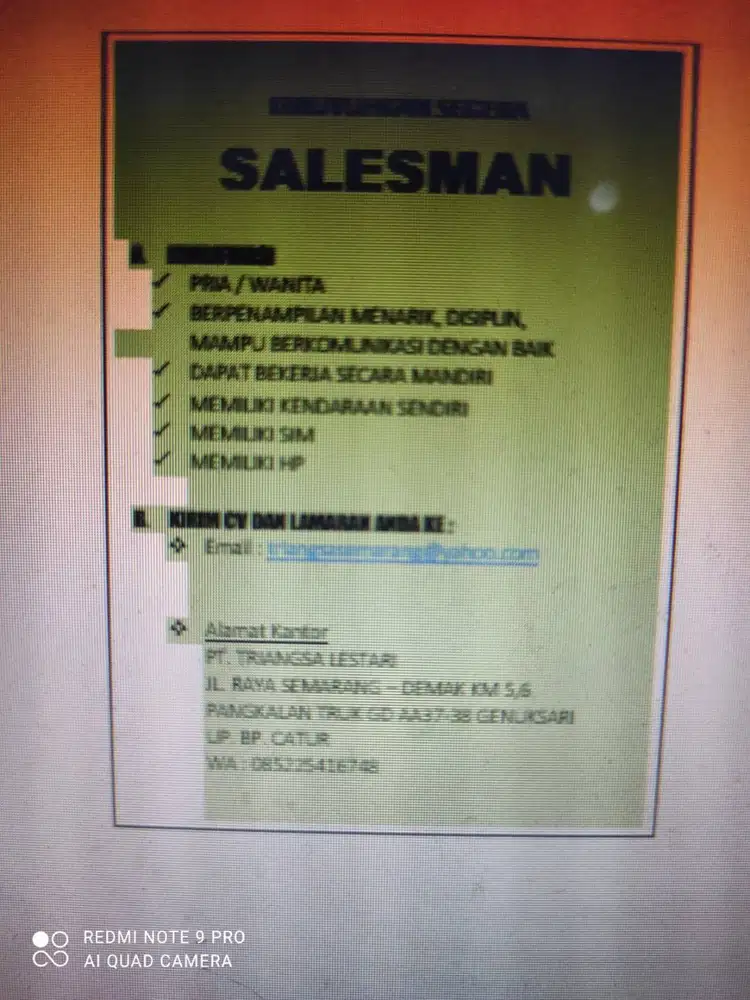 dibutuhkan segera salesman pria atau wanita