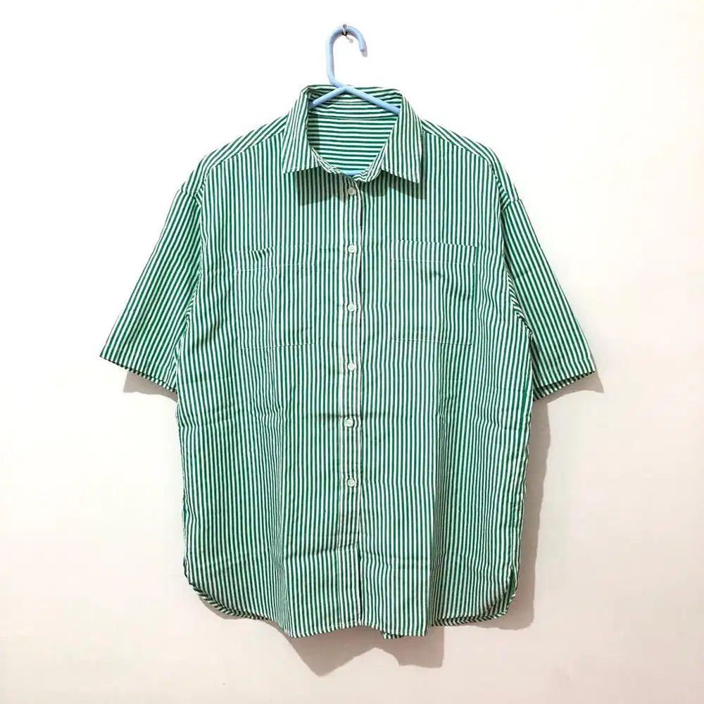 Green Stripe shirt kemeja pendek salur uniqlo zara h&m dickies levis