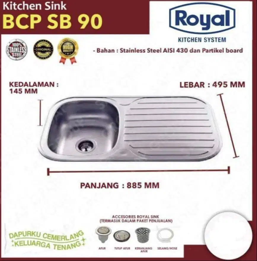 Bak Cuci Piring | Kitchen Sink Stainless | Royal SB 90 Ukuran 90x50cm