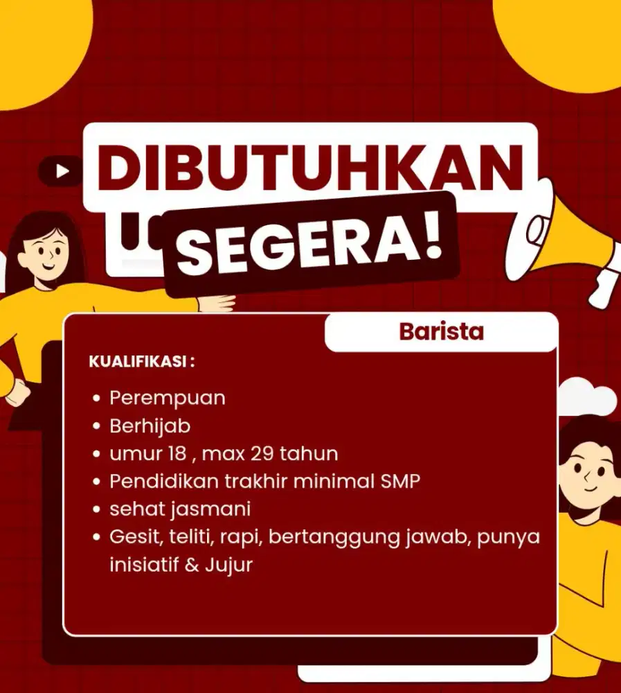 DIBUTUHKAN SEGERA BARISTA TANPA PENGALAMAN