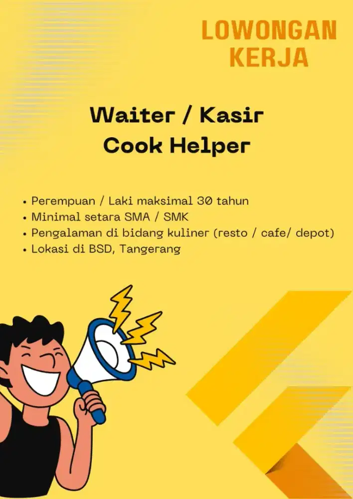 DICARI LOWONGAN POSISI COOK HELPER / WAITER