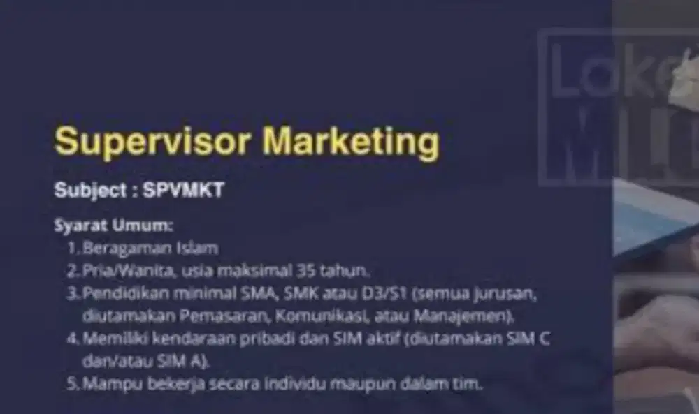 Dibutuhkan Spv Mkt Area jogja