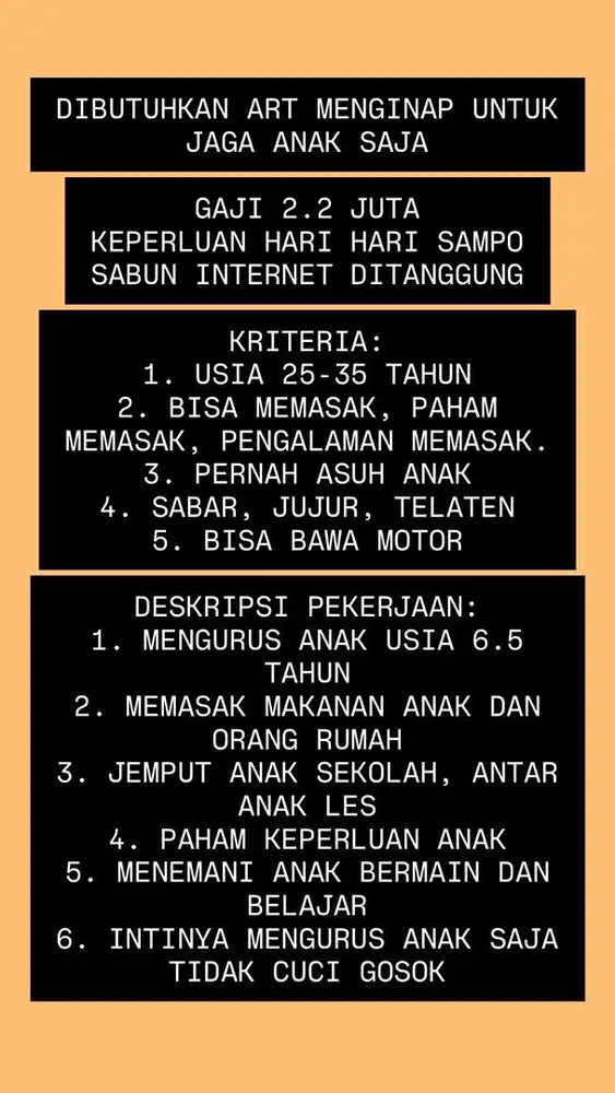 DIBUTUHKAN ART JAGA ANAK PENGASUH ANAK