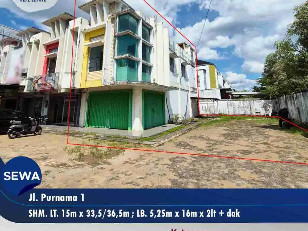 Disewakan ruko 2lt dengan ukuran tanah extra besar - Jl. Purnama