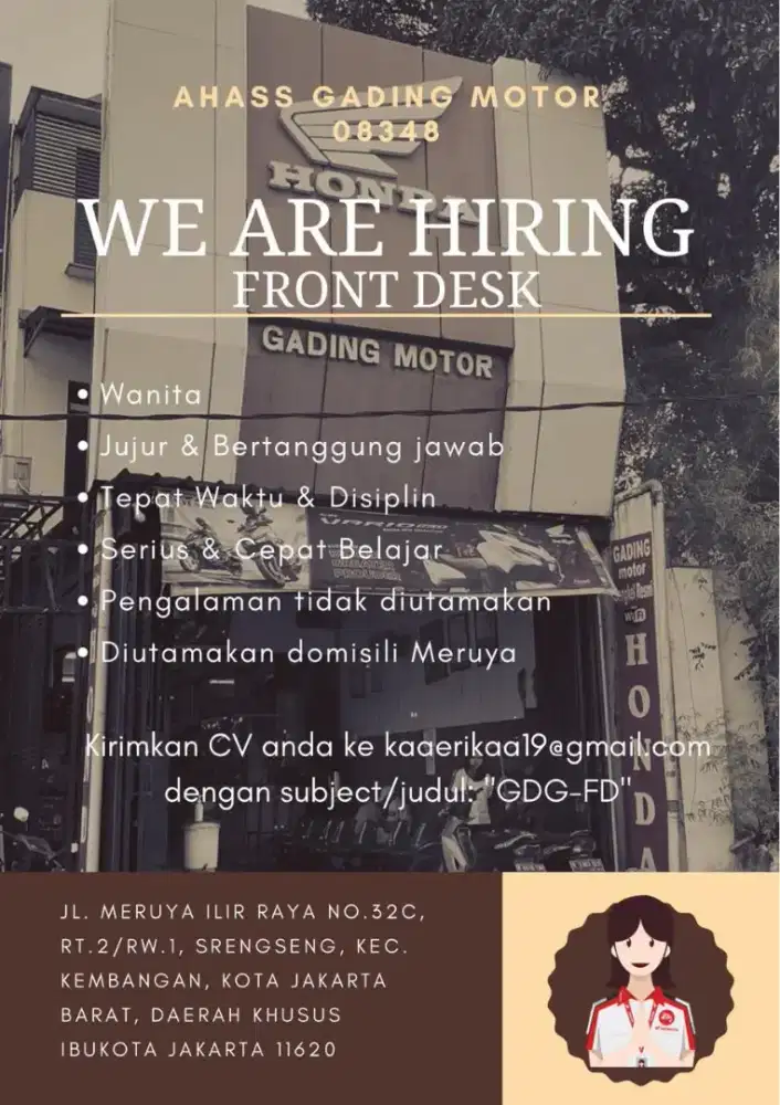 DIBUTUHKAN CEPAT FRONT DESK AHASS GADING MOTOR JAKARTA BARAT