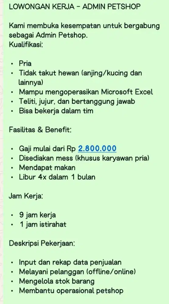 LOWONGAN KERJA ADMIN PETSHOP
