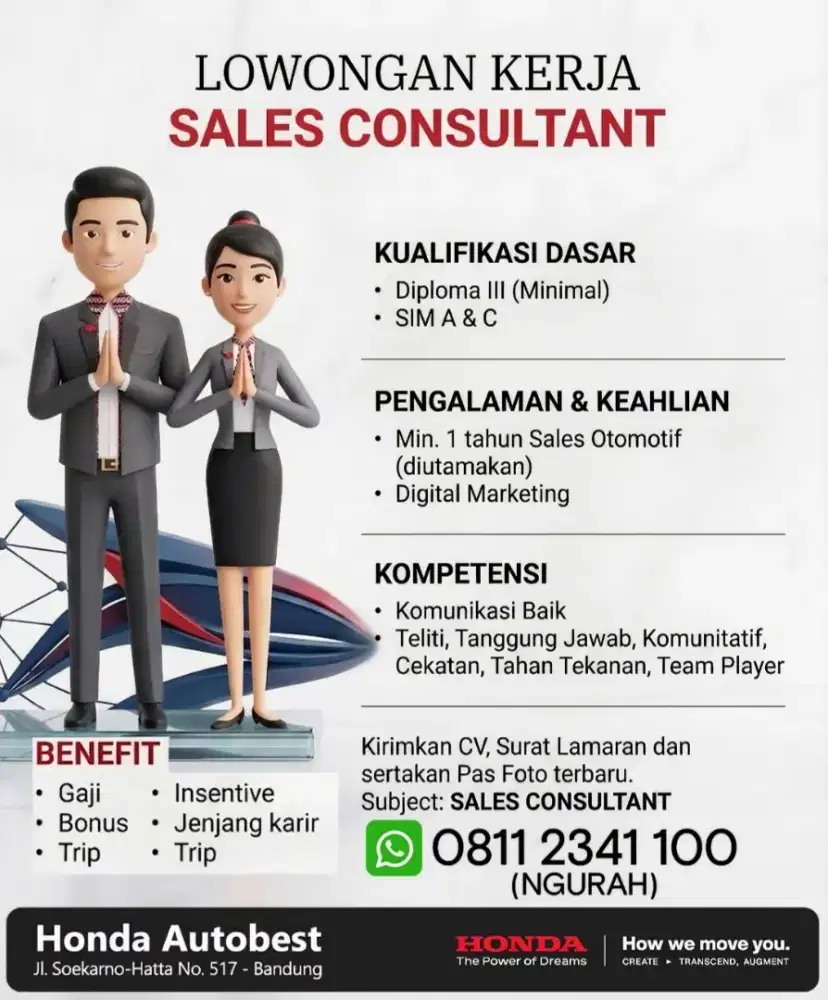 Lowongan kerja Sales Consultant  Mobil Honda Bandung