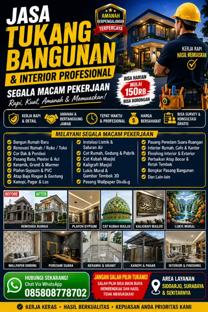 Jasa Tukang Bangunan Amanah Rapi Harian dan Borongan