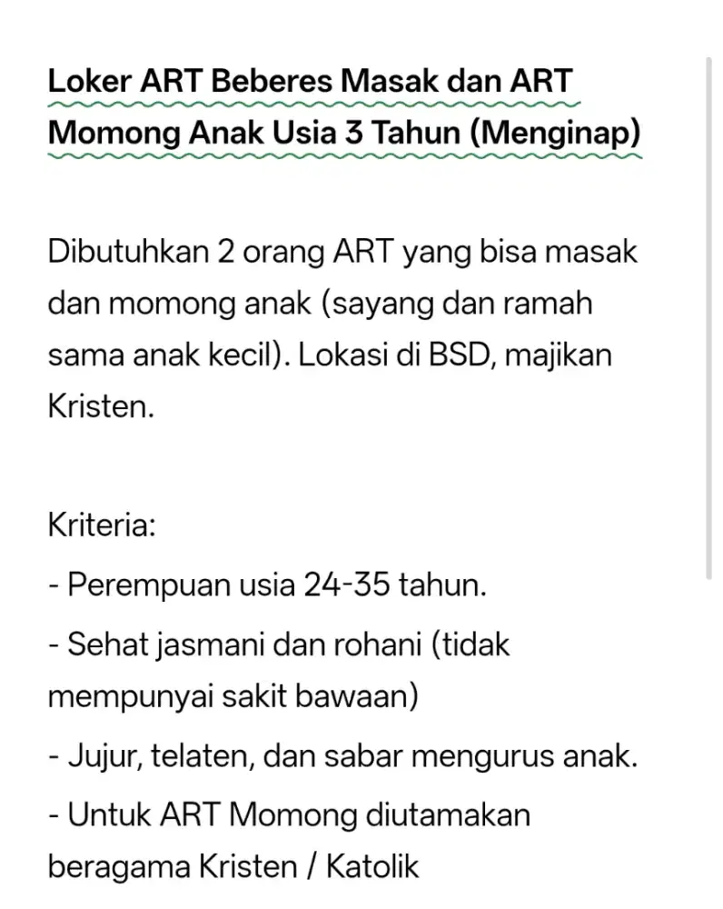 Dibutuhkan 2 ART (Menginap)
