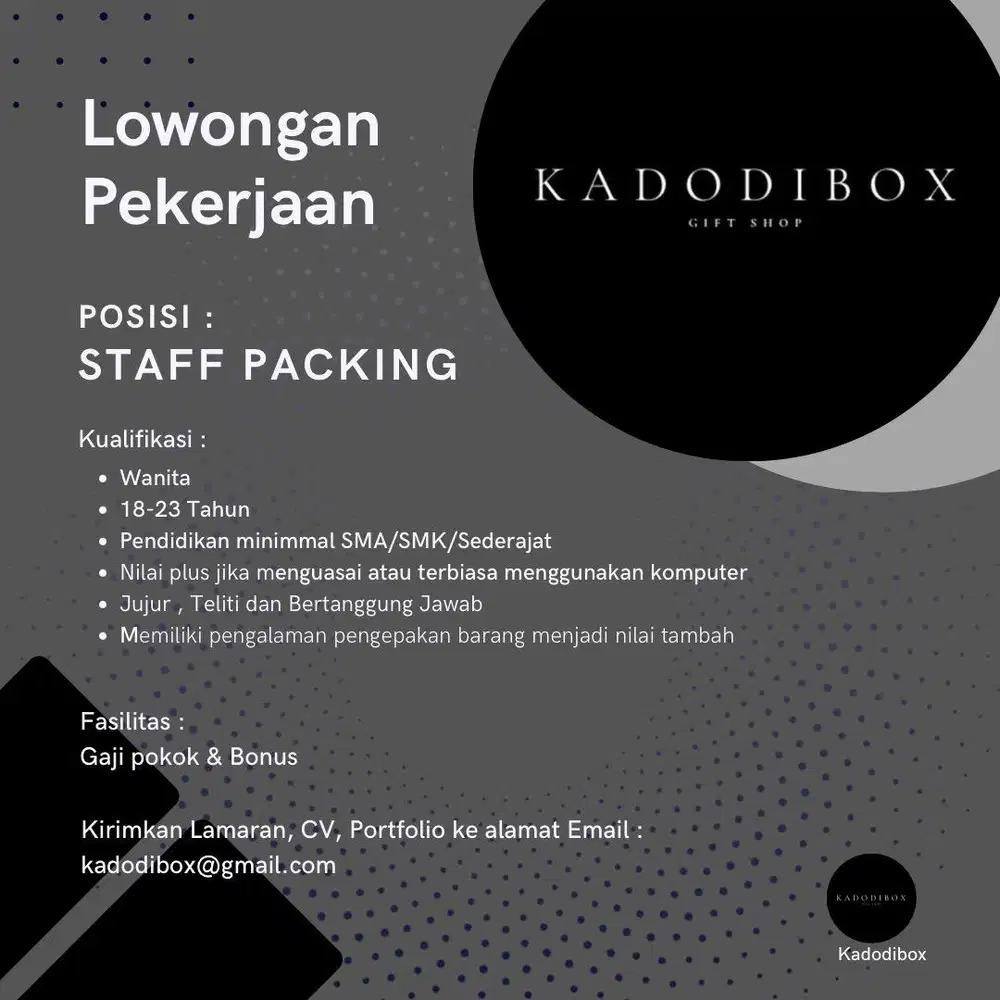 Lowongan kerja Admin Packing Online Shop
