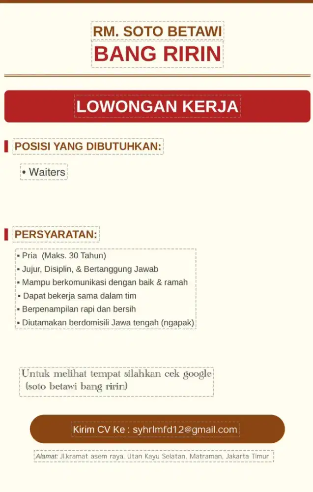 Lowongan kerja waiters di Rumah Makan