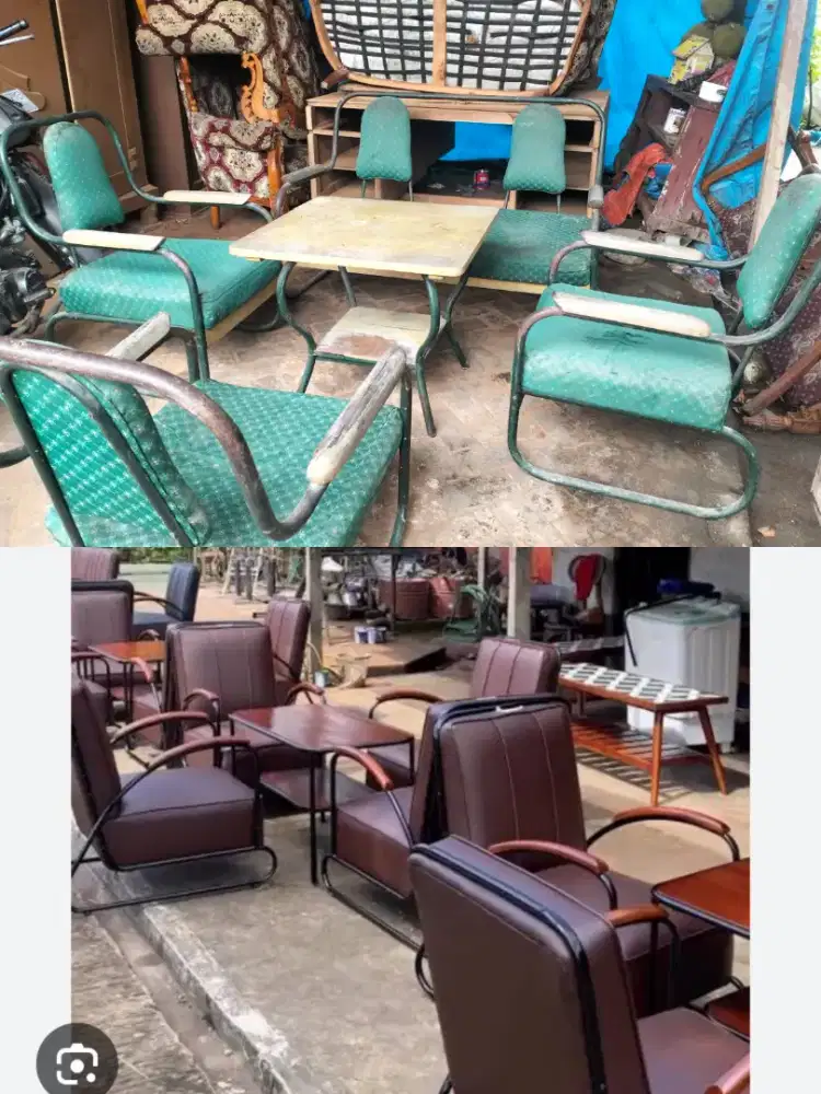kursi tamu besi antik, siap pakai, direnovasi seperti warna coklat