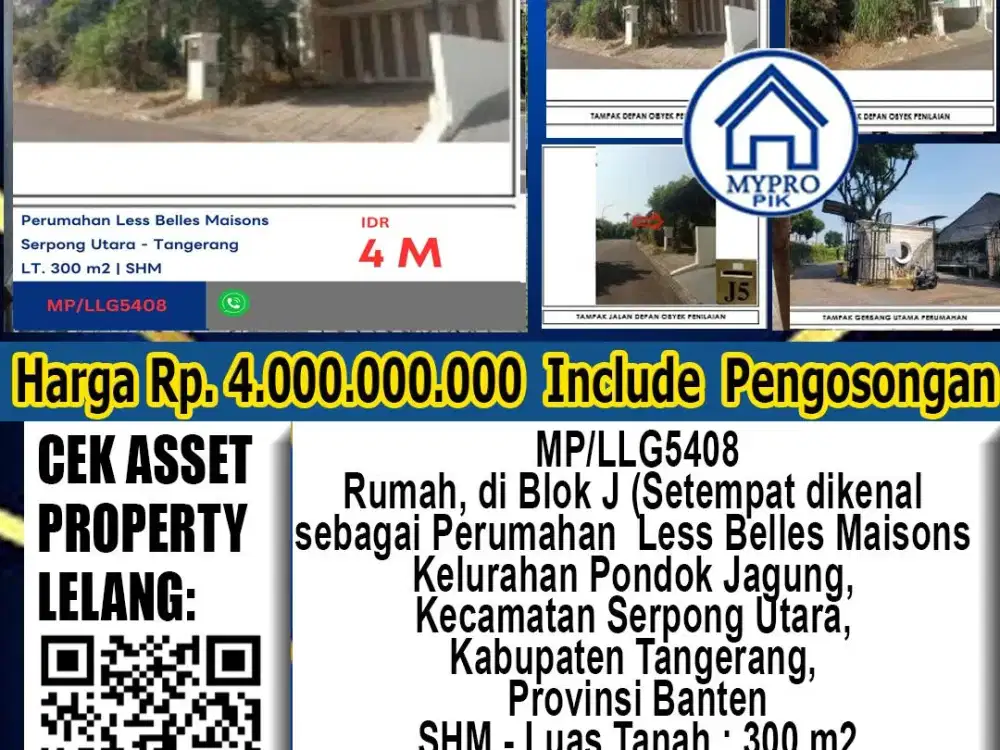 Rumah Dua Lantai Di Jual Melalui Lelang Dan As Is di Perumahan Les Belles Maisons Blok J, Pondok Jagung, Serpong Utara, Kota Tangerang Selatan,