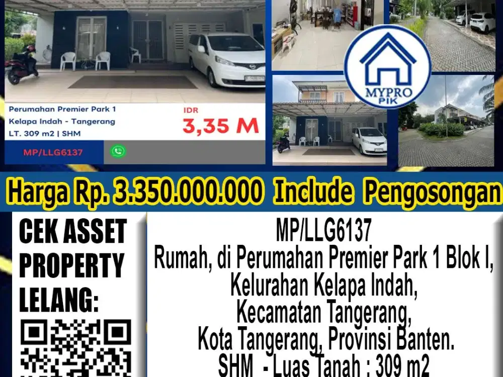 Di Jual Lelang Rumah 2 Lantai di Perumahan Premier Park 1 , Kelurahan Kelapa Indah, Kecamatan Tangerang, Kota Tangerang,