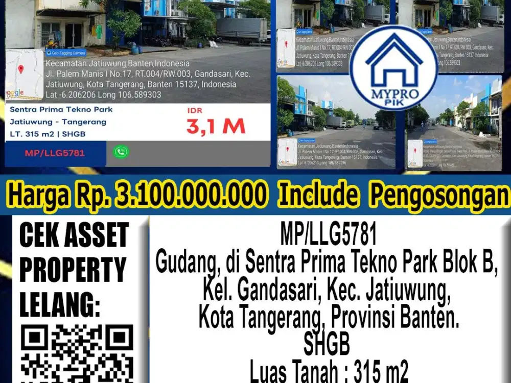 Dijual Lelang Gudang Sentra Prima Tekno Park, Kelurahan Gandasari, Kecamatan Jatiuwung, Kota Tangerang