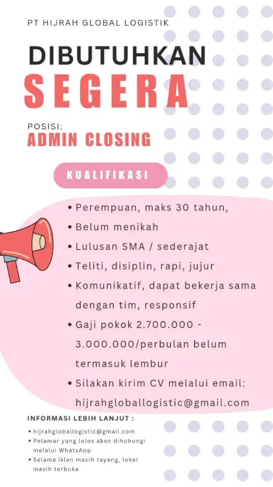 Lowongan Kerja Customer Service & Admin Closing