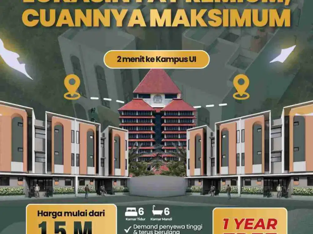 Jual Kosan Baru Dekat Kampus UI Kota Depok (2 Menit) 6 Kamar + 6 KM Furnish