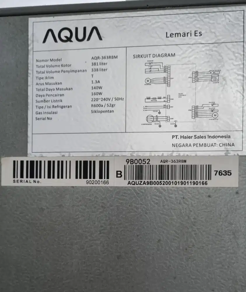Dijual Kulkas AQUA inverter 380liter