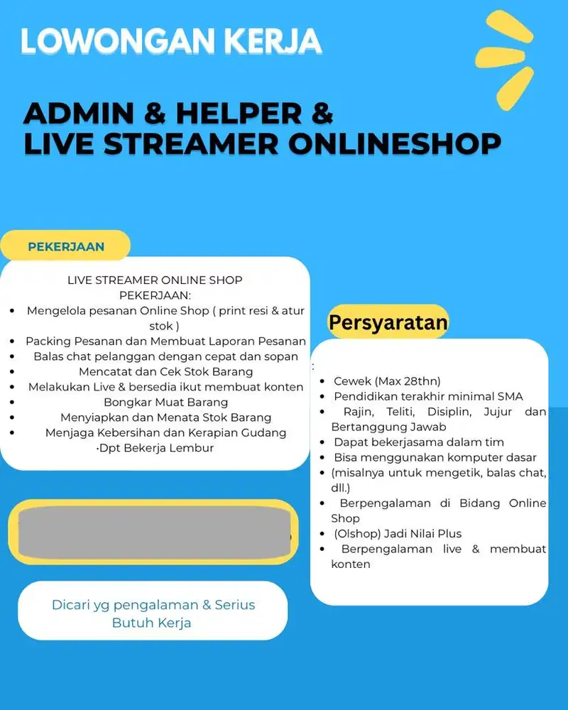 DIBUTUHKAN ADMIN+Host+Packing yg berpengalaman