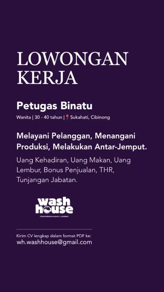 LOKER Lowongan Petugas Laundry Cibinong Bogor