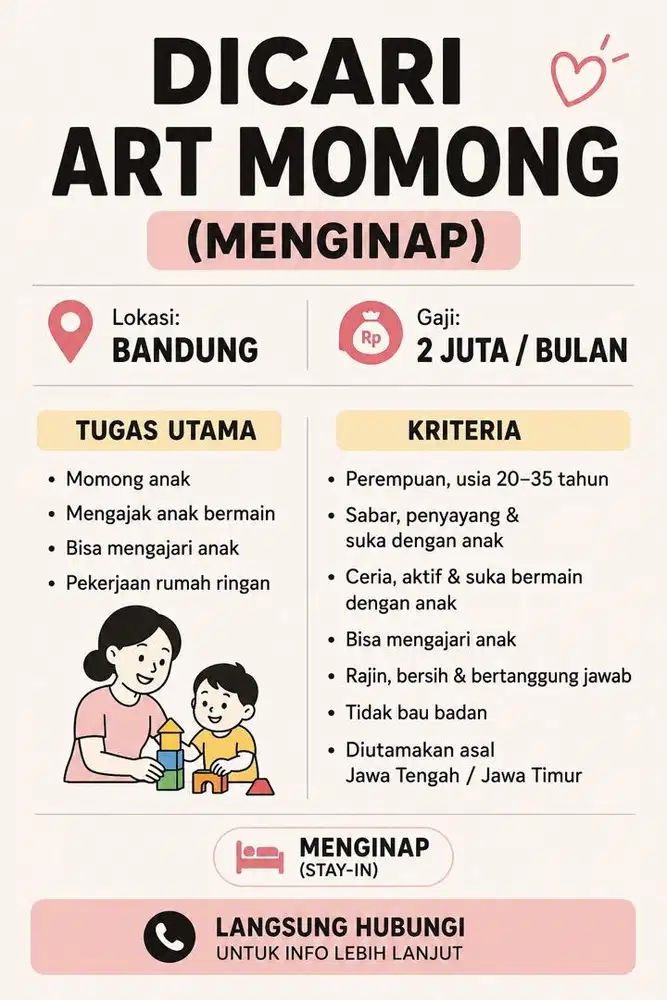 Dicari ART Momong. Lokasi Bandung