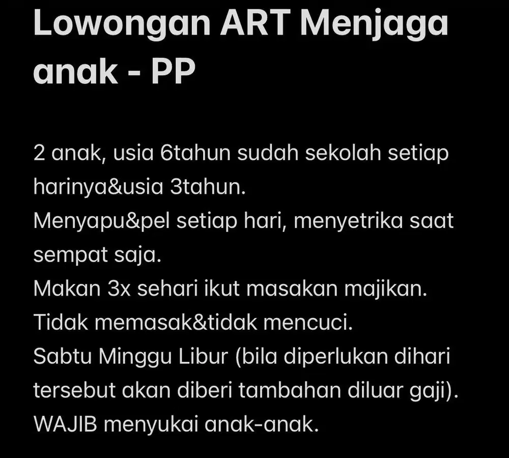 DICARI ART MOMONG ANAK (PP) - HARAPAN JAYA, BEKASI UTARA